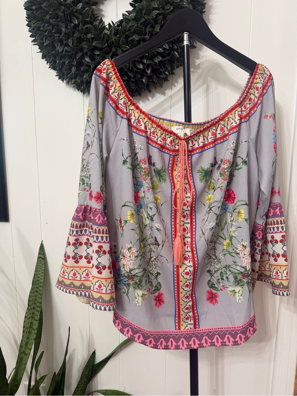 Floral Peasant Top - Light Gray-blue with Coral Trim